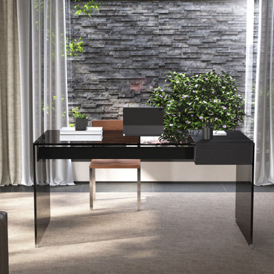 53.14 In. Black Transparent Tempered Glass Desk With Drawers