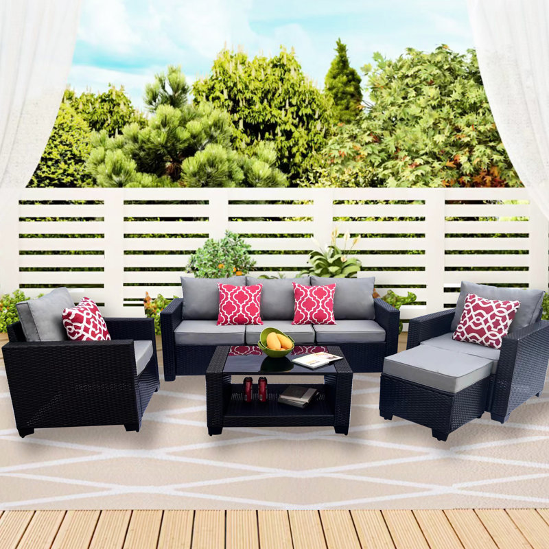 7 sièges d'extérieur: table basse en PE et jardin gris avec coussins d'eau