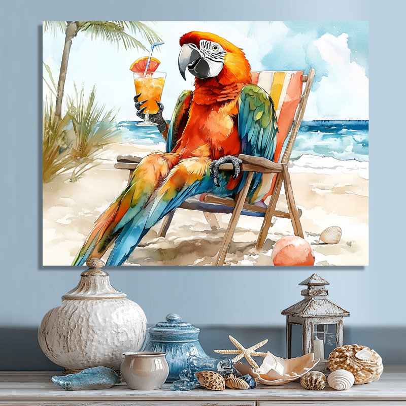 Chaise longue perroquet sur une plage - araignée, art mural, Métal métal, H 12 po x l 20 po x P 1 po