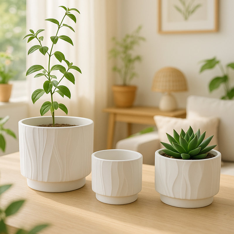 3-Piece White Ceramic Planter Pot Set with Saucers, Indoor Outdoor Plant Pots with Drainage Holes, Embossed Texture Design