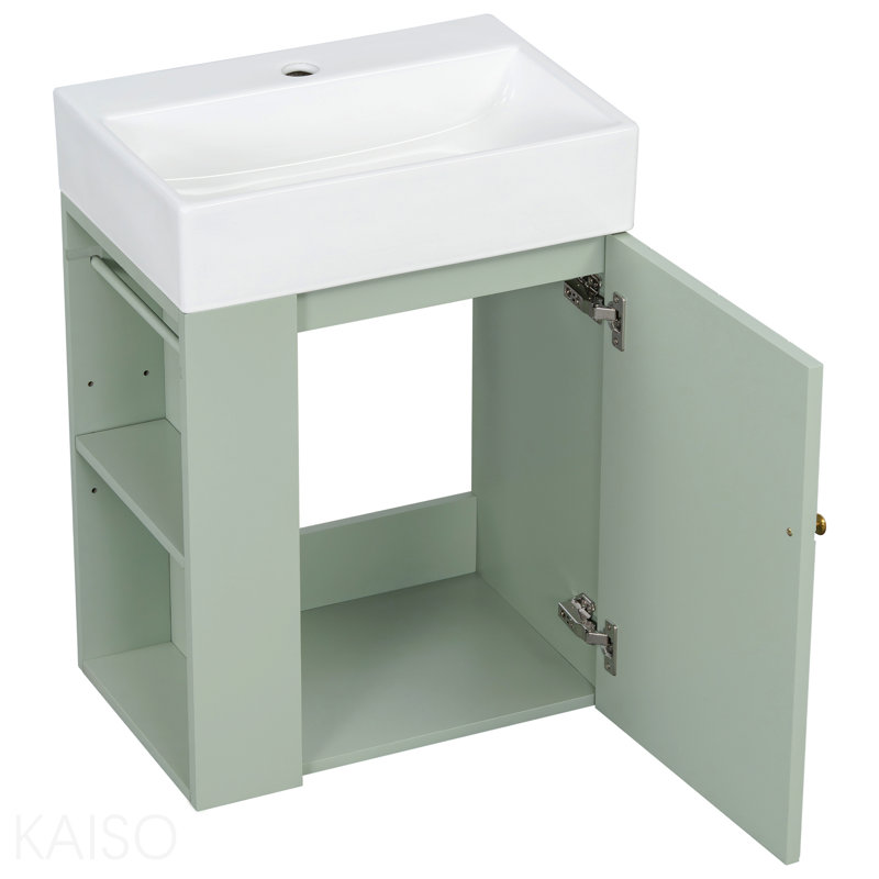 Meuble-lavabo de 20 po avec lavabo en céramique, porte à motif de losanges, poignées dorées et tablettes de rangement latérales - petit cabinet moderne avec barre à serviettes, fabrication en bois aggloméré, assemblage requis