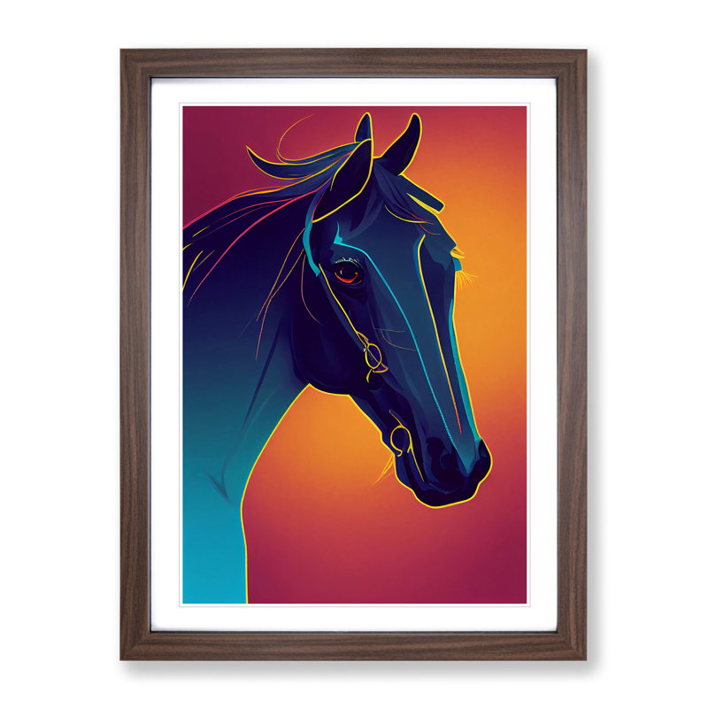 Neon Horse - Single Picture Frame Print, 34cm H x 25cm W x 2cm D, Walnut