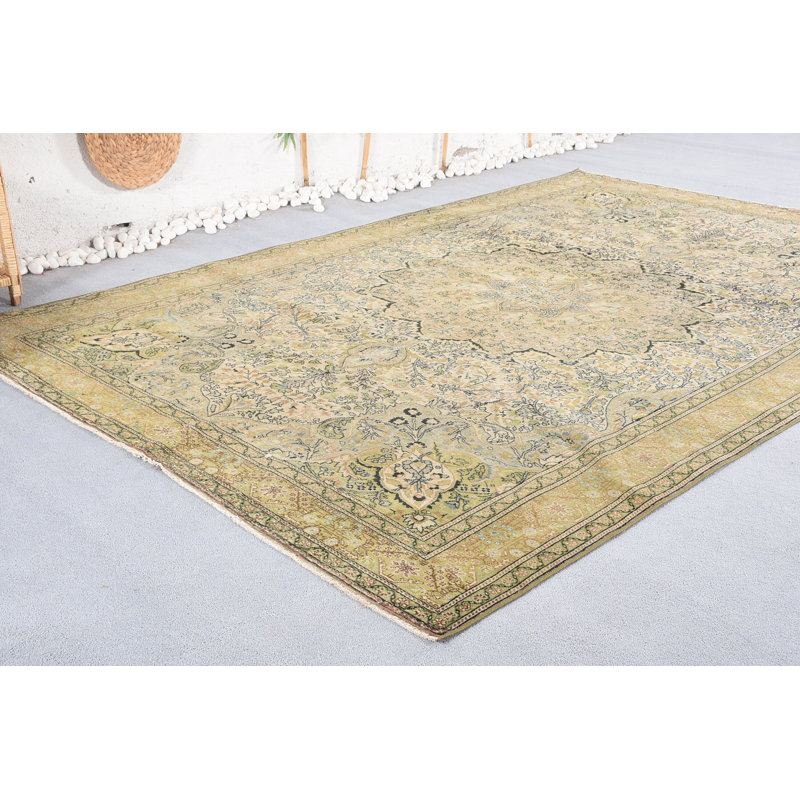 Grands tapis de 6,3 x 9,5 pi, tapis de luxe, tapis de sol, tapis Oushak verts, tapis turcs, tapis rétro