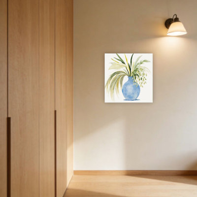 Vase bleu, feuillage vert, sans cadre, murale, 16 x 16