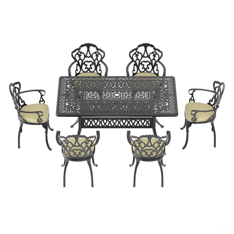 Mobilier de patio en fonte d'aluminium avec structure noire et coussins de siège, 6