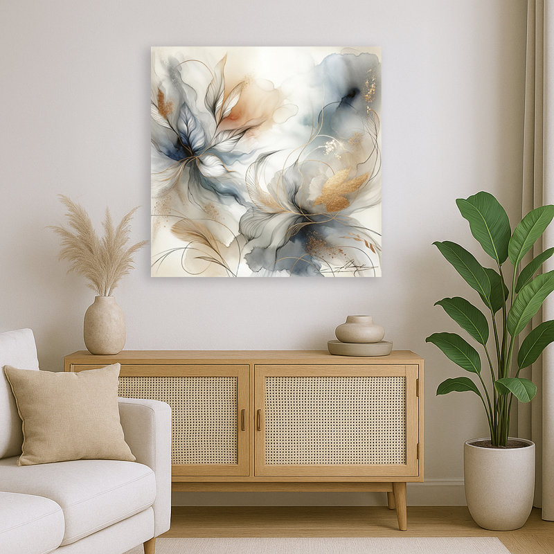 "Whispering Blossoms", art floral abstrait sur toile avec texture feuille d'or, H 40 po x l 40 po x P 1,5 po