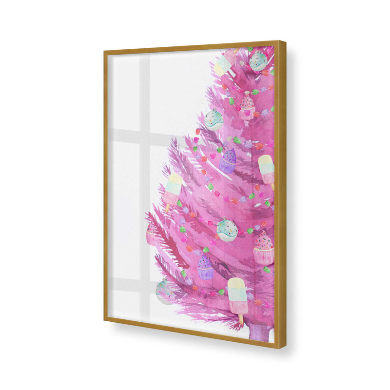 Reproduction d'arbre de Noël rose ludique, Cadre simple en or poli, H 17,25 po x l 13,25 po x P 1,25 po