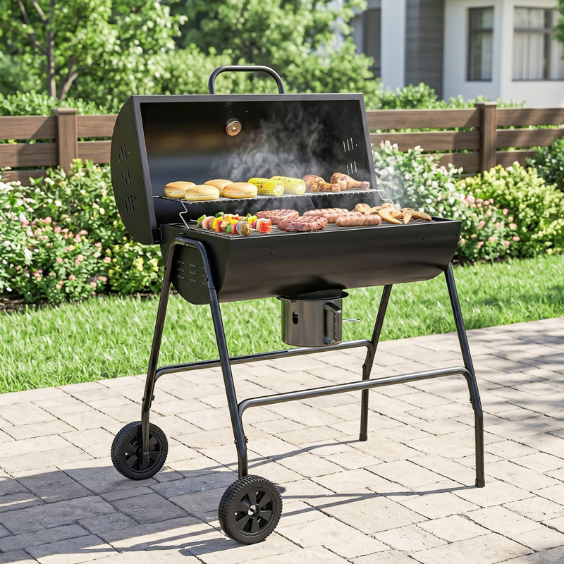 Barbecue au charbon ABTSalon avec grille-réchaud et thermomètre, barbecue portatif avec couvercle, cendrier et roues