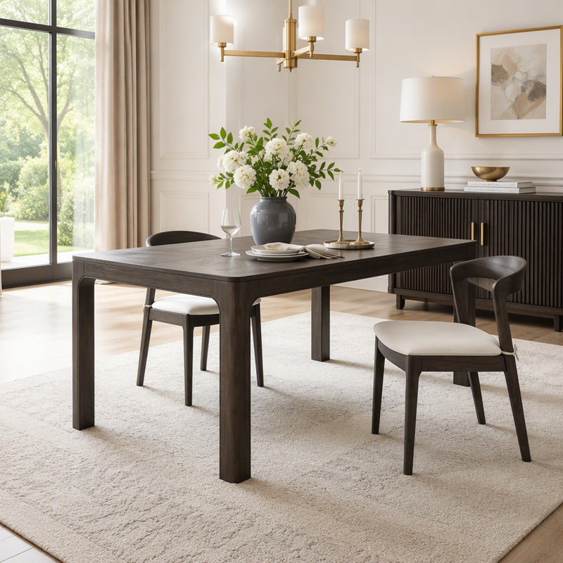 Table de salle à manger rectangulaire avec plateau de style parquet, coins arrondis et pieds réglables pour les intérieurs modernes