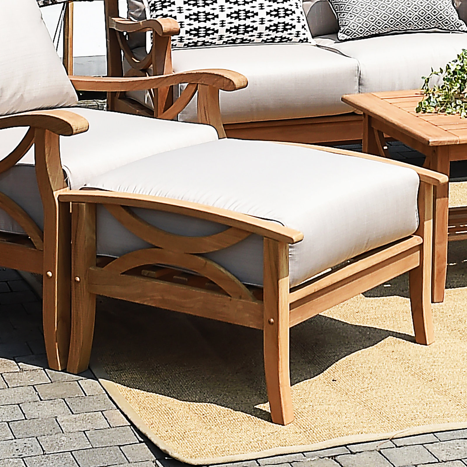 Brunswick Outdoor Teak Ottoman with Cushion, Beige, Natural