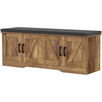 2-Tier Storage Bench, 47.2" Wide Shoe Bench With Padded Seat Cushion, Entryway Bench With 4 Barn Doors And Adjustable Shelf, Rustic Walnut