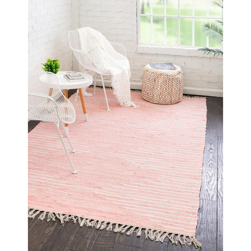 Tapis rose / blanc en coton tissé à la main, Rectangle 7 pi 1 po x 10 pi