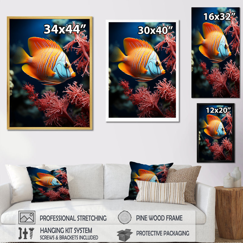 Magnifiques poissons-papillons bleus et oranges - impressions sur toile plage et océan, H 32 po x l 16 po x P 1 po