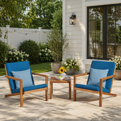 Ensemble de conversation d'extérieur 3 pièces LEAH avec coussins résistants à l'eau et structure en bois d'acacia durable pour une assise confortable