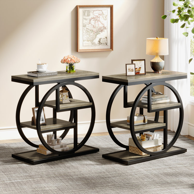 Table de bout à 4 niveaux en bois et métal (ensemble de 2), Grey Top/Black Base