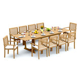 9 Pcs Grade-A Teak Wood Dining Set: 118" Double Extension Mas Rectangle Trestle Leg Table And 8 Hari Stacking Arm Chairs #11HR2508