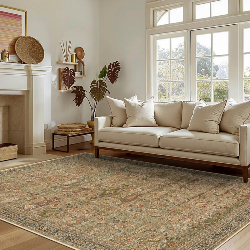 Kitty Machine Washable Taupe/Black Area Rug with Non-Slip Backing, Rectangle 6' x 9'
