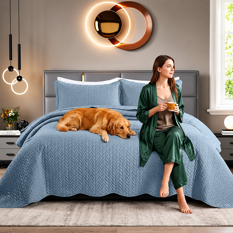 Embossed Microfiber Quilt Coverlet Set, Washed Blue, Twin ( 66 Inc x 86 Inc )