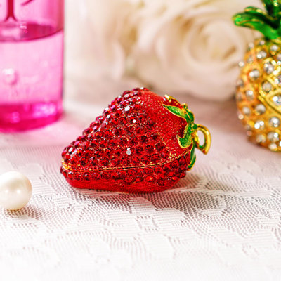 Boîte à babioles à charnière pour filles, boîtes à bibelots fraise rouge faites à la main décorées pour femmes (fraise rouge)