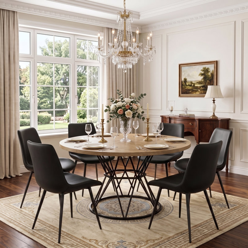 Ensemble de table de salle à manger 7 pièces 47,3 po avec chaises en similicuir, 7 Pieces: Table, 6 Chairs, Beige, Black
