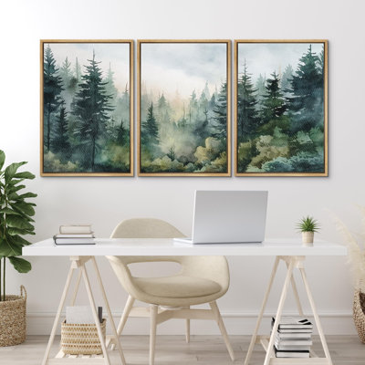 "Forêt enchantée, brume, aquarelle, pin, paysage, nature, désert, illustrations, décor moderne", 3 pièces
