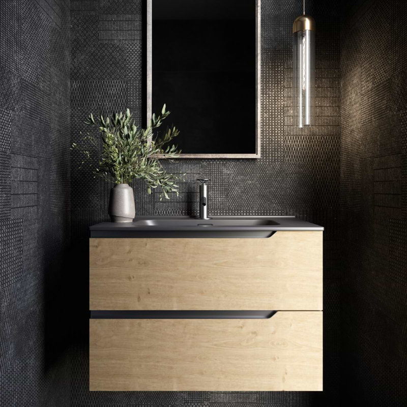 Duo 24" Single Vanity With Integrated Ceramic Top, Blonde Wood, Black, 32"