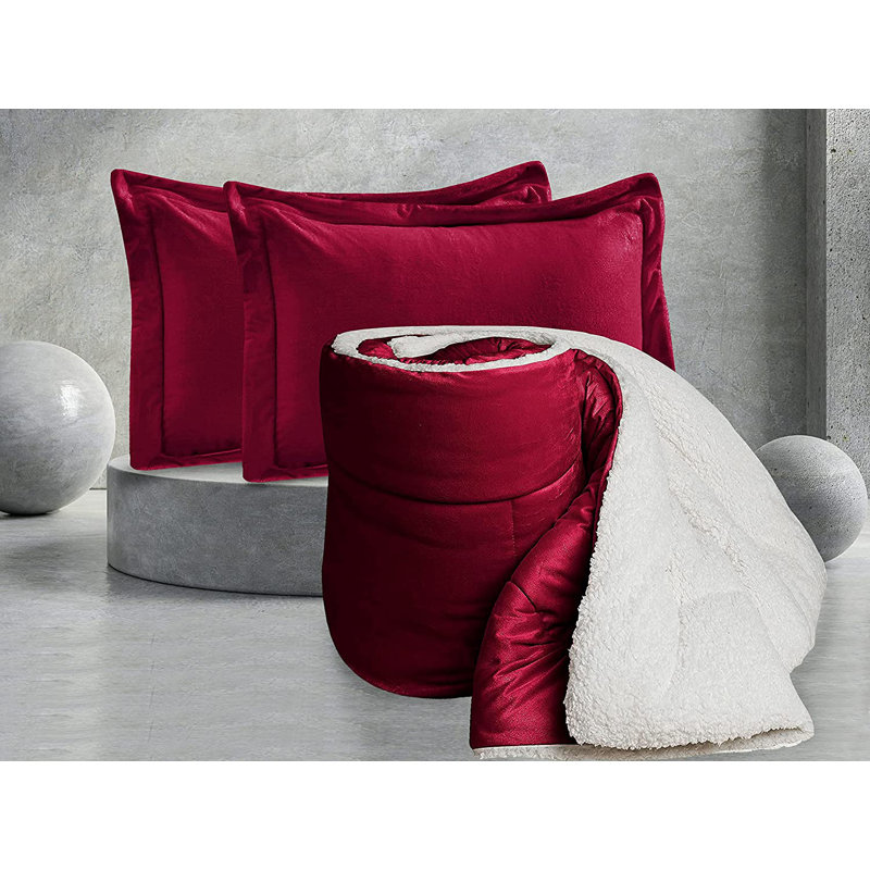Mocassi Solid Sherpa Geometric Shapes Comforter, Burgundy, King Comforter + 2 King Shams