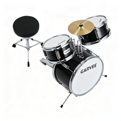 Batterie 3 pièces conçue pour la pratique rythmique et les performances en direct, avec accessoires réglables, pieds pliables, grosse caisse, caisse claire, tom, pédale de grosse caisse et cymbale, noire
