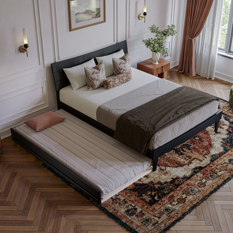 Phoenix Wood Platform Bed with Trundle, Black, Queen