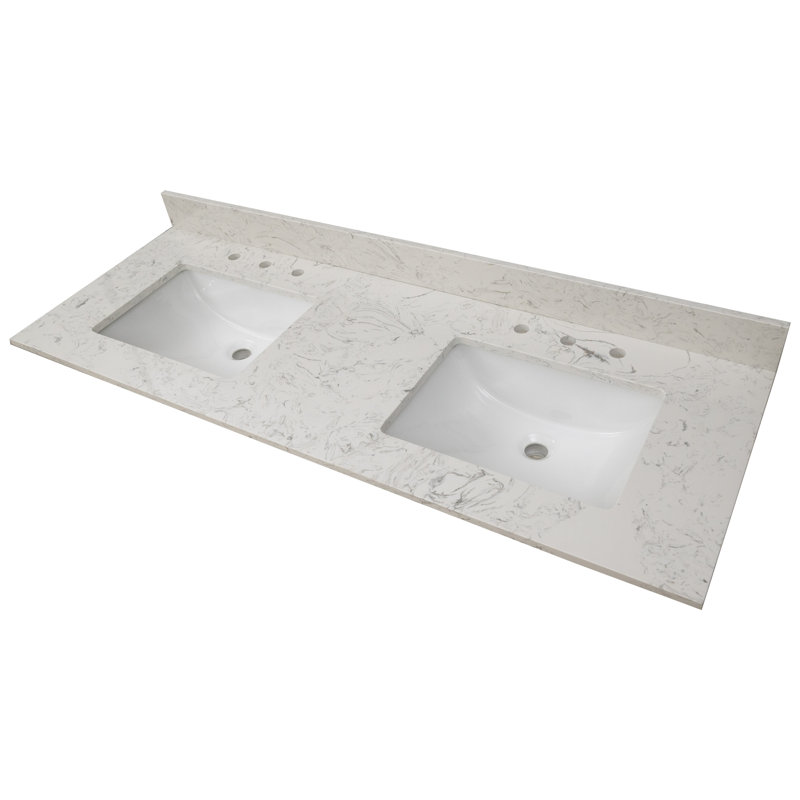 Plateau de meuble-lavabo à double cuve en pierre d'ingénierie intégrée 61 po x 22 po LustreLine Carrara, Blanc de Carrare