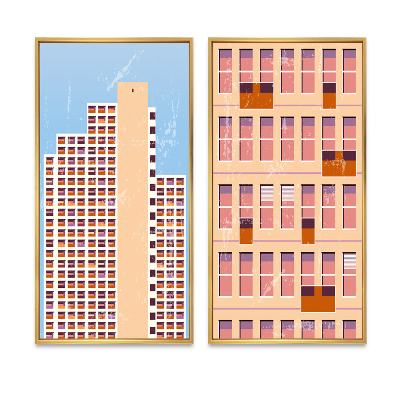 «Modern Architecture in Retro Shades of Pink I», ensemble de 2 impressions, H 20 po x l 24 po x P 1 po, Toile avec cadre doré