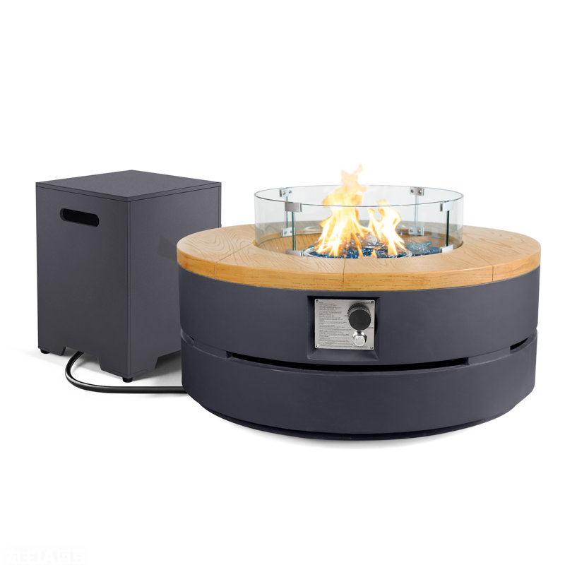 38-Inch Round Concrete Propane Fire Pit Table with Tank Cover and Wind Guard,Dark Gray, Dark Gray