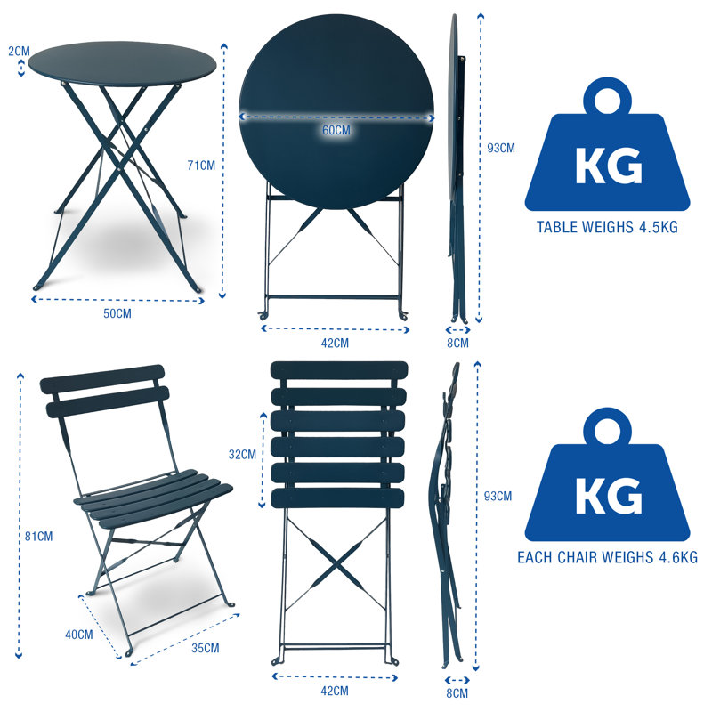 Kashayla 3-Piece Bistro Set with Foldable Table and Chairs, Blue