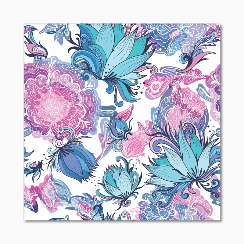 Fleurs romantiques élégantes en rose et bleu - Impression sur toile, H 16 po x l 16 po, Toile tendue