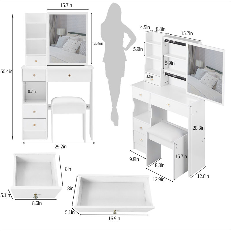 29.2" Small Space Left Drawer Desktop Vanity Table + Cushioned Stool, Extra Large Right Sliding Mirror, Multi Layer High Capacity Storage, Practical Fashionable Dresser, Suitable For Small Space