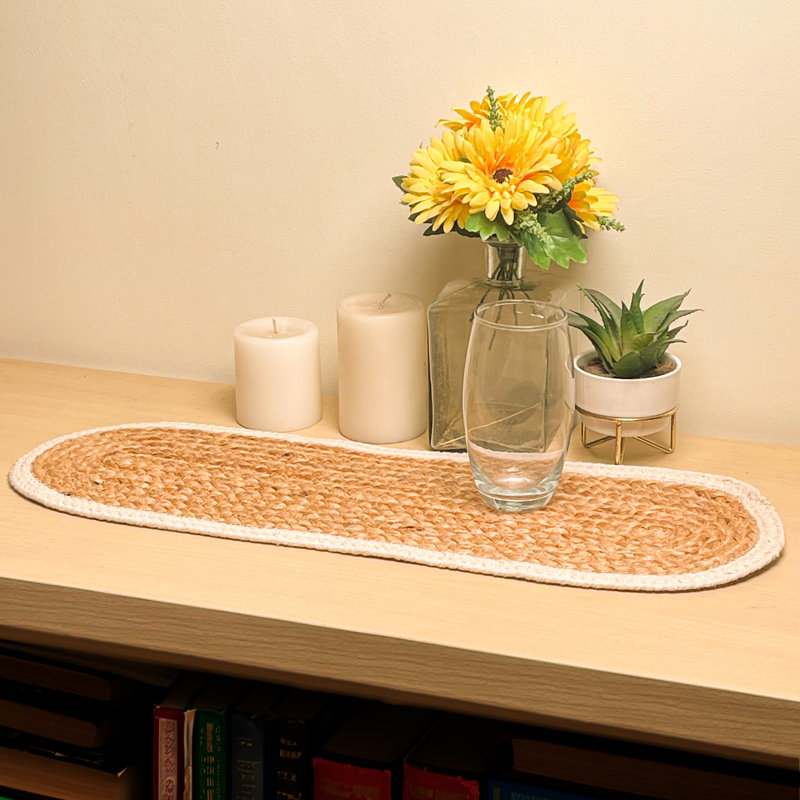 VERONA JUTE BORDER ROUND TABLE RUNNER, Natural/Ivory, 8" x 24"