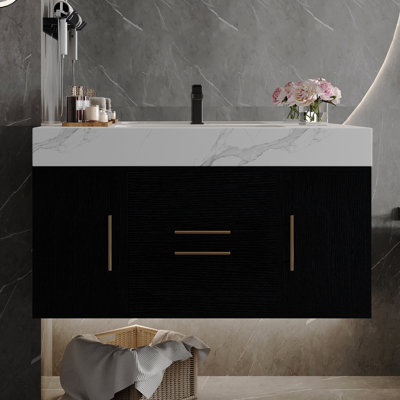 39.4" Wall-Mounted Bathroom Vanity With Sink, Waterproof Plywood Cabinet, Ceramic Undermount Basin
