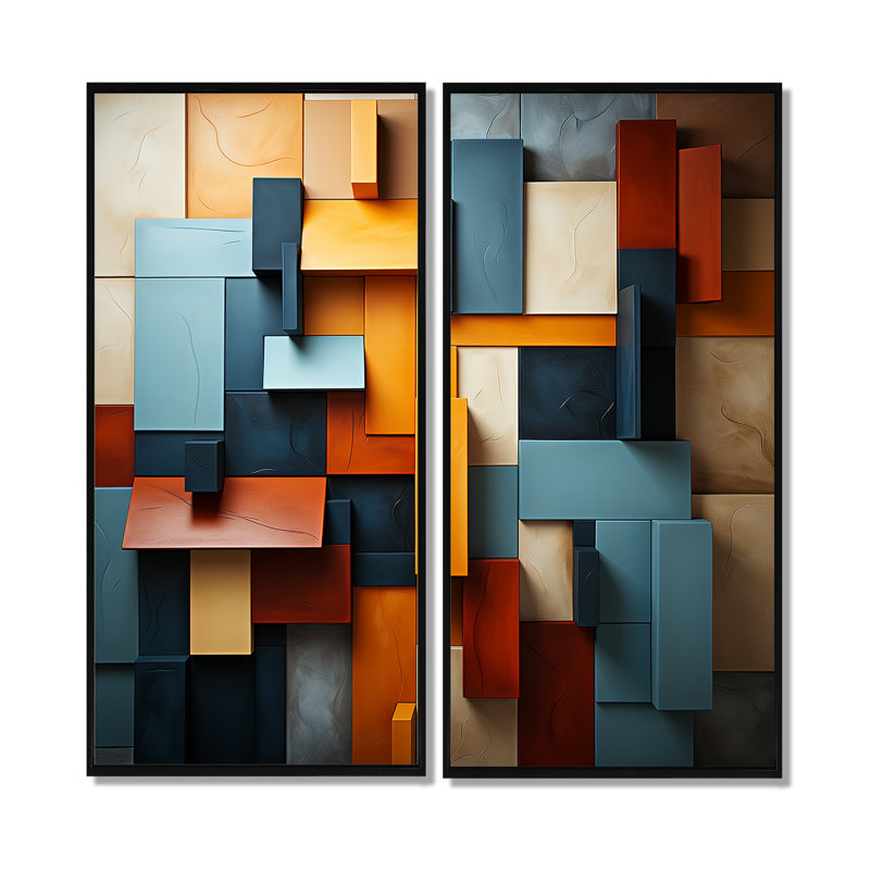 Cubist Harmony Tones Collage - Décoration murale cubisme abstrait, H 40 po x l 40 po, Noir, Impression encadrée flottante