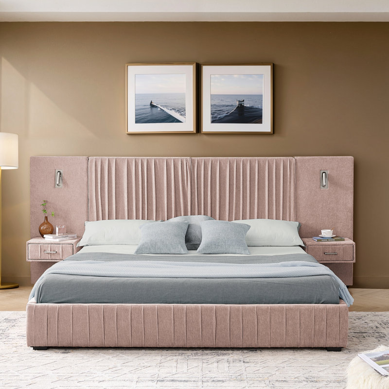 Grand lit tapissier en chenille avec table de chevet, Rose