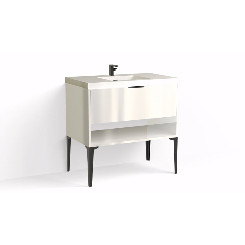 Modo 36" W Freestanding Single Bathroom Vanity with Dean Leg, Glossy White/Single, White Acrylic, Matte Black