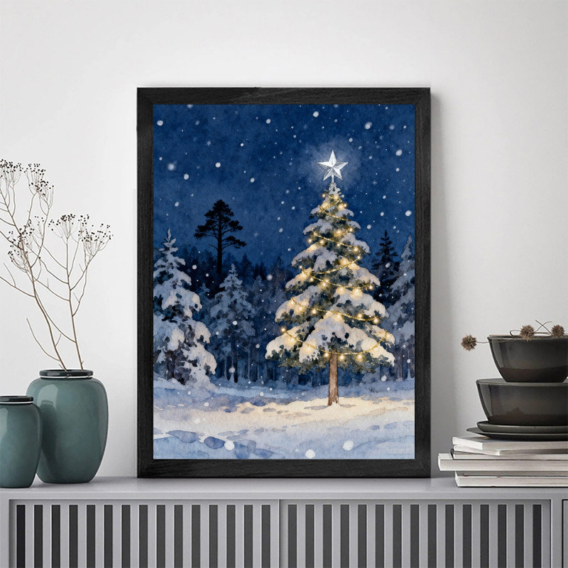 Reproduction d'art encadré noir, arbre de Noël enneigé, forêt enneigée, art festif, H 17 po x l 13 po