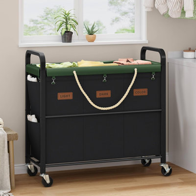 148L Large Laundry Sorter 3 Section,Large Capacity, Heavy Duty Lockable Wheels, Super Sturdy Metal Frame and Handle, Removable Laundry Bag