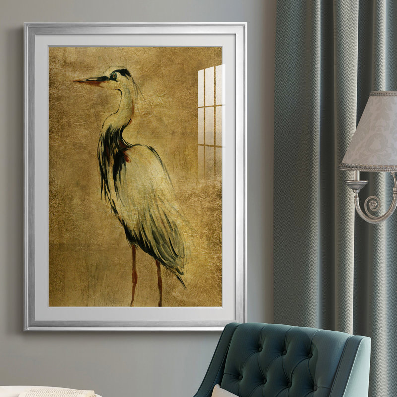 «Gold Crane at Dusk II», peinture sur toile encadrée, H 30,5 po x l 42,5 po x P 1,5 po, Argent
