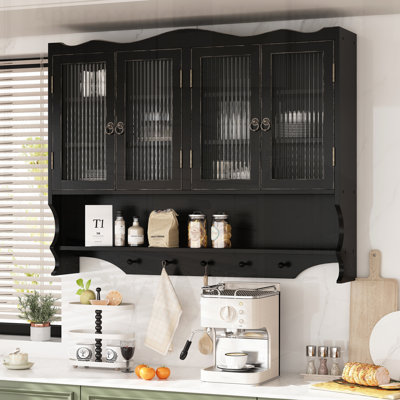 Armoire murale rétro à 4 portes, avec deux niveaux d'espace de rangement et un support à crochet ouvert, convient aux salles de bain, aux cuisines et aux salles à manger