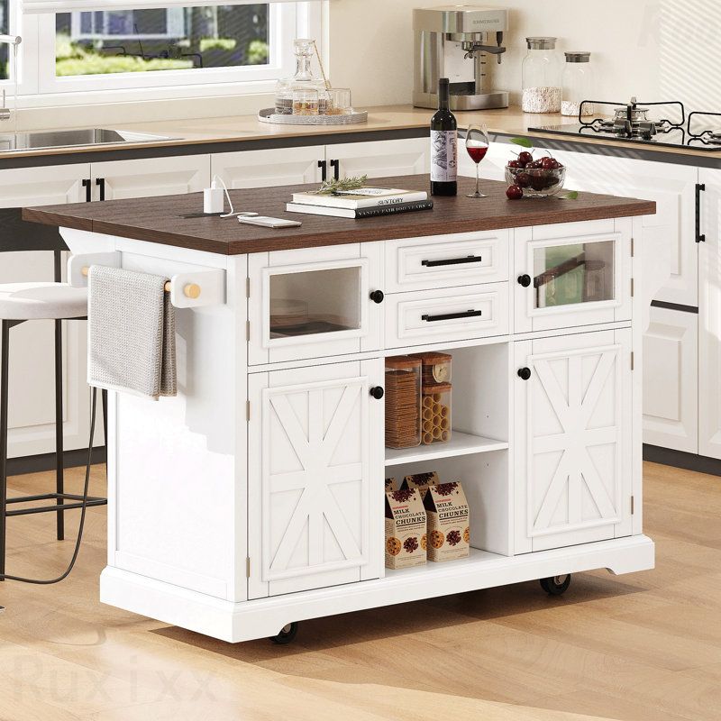 Îlot de cuisine de 54,9 po avec abattant, prise de courant, chariot de rangement de cuisine avec 4 tablettes de porte, portes de grange croisées et porte en verre visuel, îlot de cuisine roulant sur 4 roues pour la cuisine, la salle à manger
