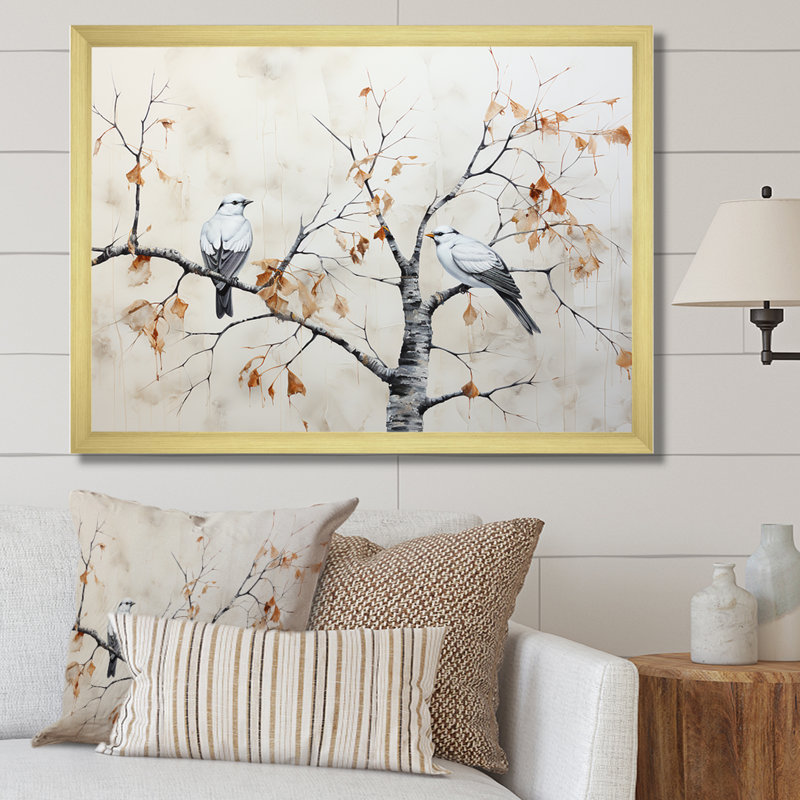 Arbre de bouleau avec oiseaux - Minimalisme, Cadre photo doré simple, H 12 po x l 20 po x P 1 po