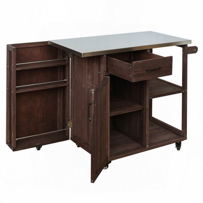 Outdoor Kitchen Island Fir Wood Prep Station Lockable Kitchen Cart with Stainless Top, Ample Storage Space