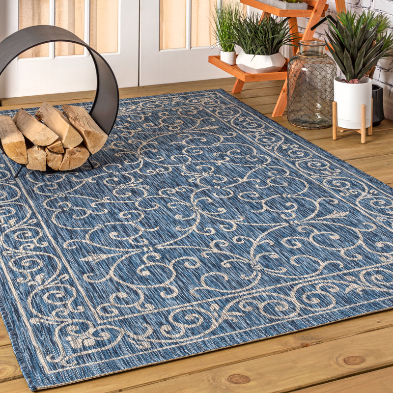 Hagerman Vintage Filigree Textured Weave Navy/Gray Indoor/Outdoor Rug, Rectangle 9' x 12'