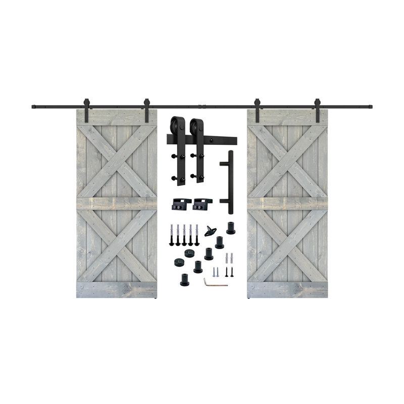 Porte de grange lambrissée peinte en bois et en métal avec trousse de quincaillerie d'installation, 72 po x 84 po, Gris