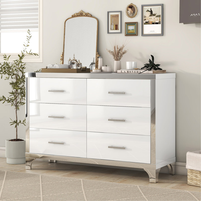 Commode à 6 tiroirs ultrabrillante pour la chambre à coucher, commode sans poignée, commode moderne à 6 tiroirs avec rangement large